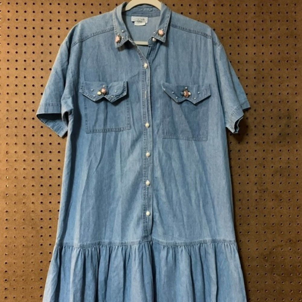 Vtg 90s Denim‎ Dress Floral Button Front Drop Waist Small Western Femme Cottage